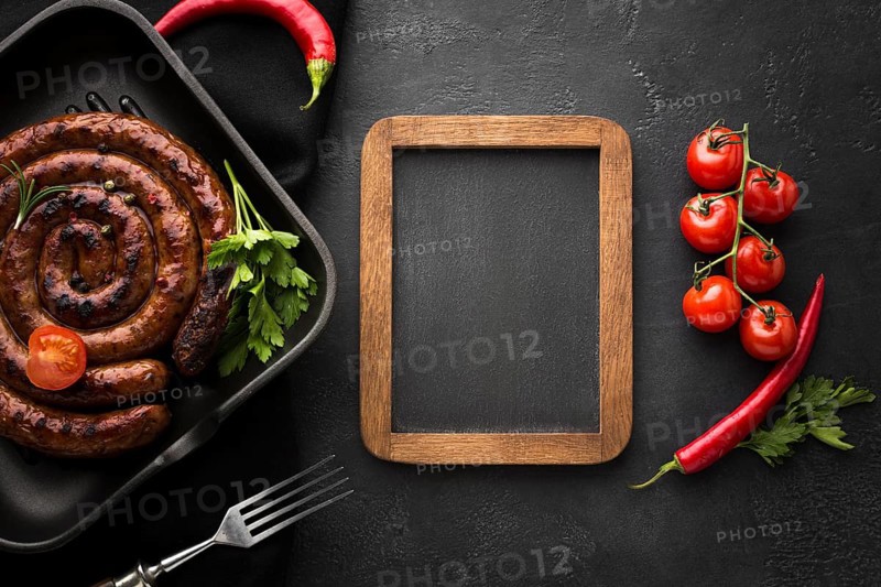Top view delicious grilled sausage table