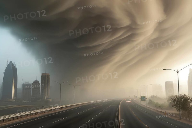 A devastating tornado rages over a major city