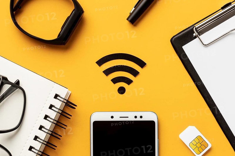 Top view wi fi symbol with smartphone sim card