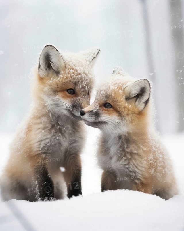 Two Arctic fox cubs with soft fur cuddle up to each other in Arctic winter landscape during snowfall