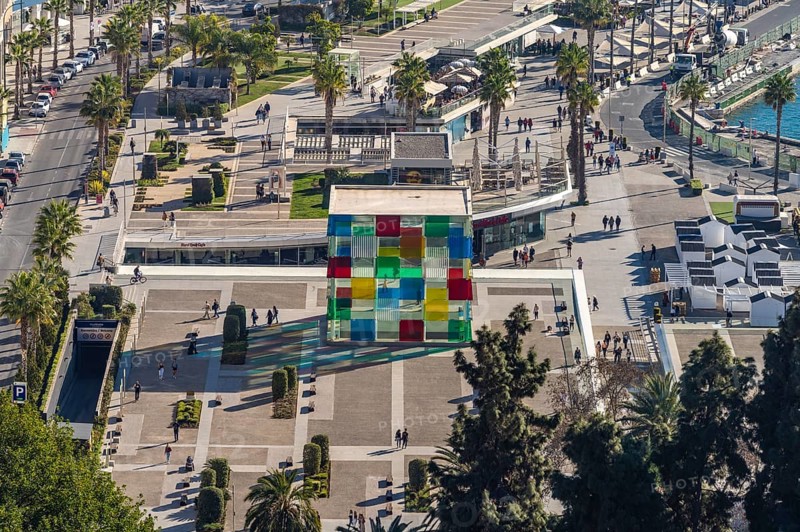 Harbour promenade Muelle Uno with the Pompidou Museum seen from above