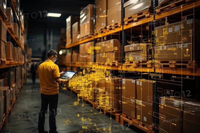 A warehouse worker in a goods warehouse controls logistics with a tablet
