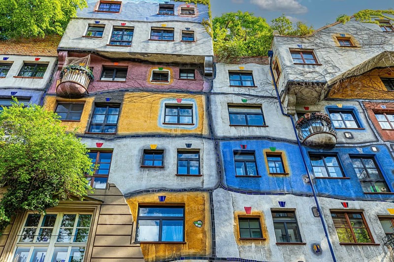 Green and colourful facade of the Hundertwasser House