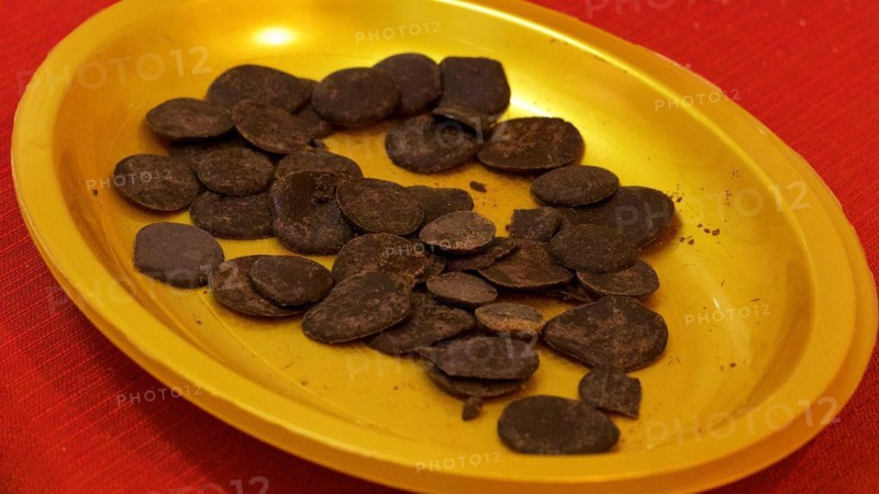 Chocolate platelets on golden tray