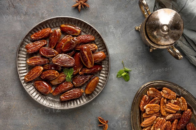 Dates nuts arrangement flat lay