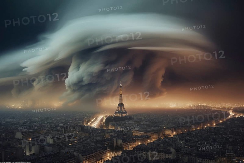 A devastating tornado rages over a major city