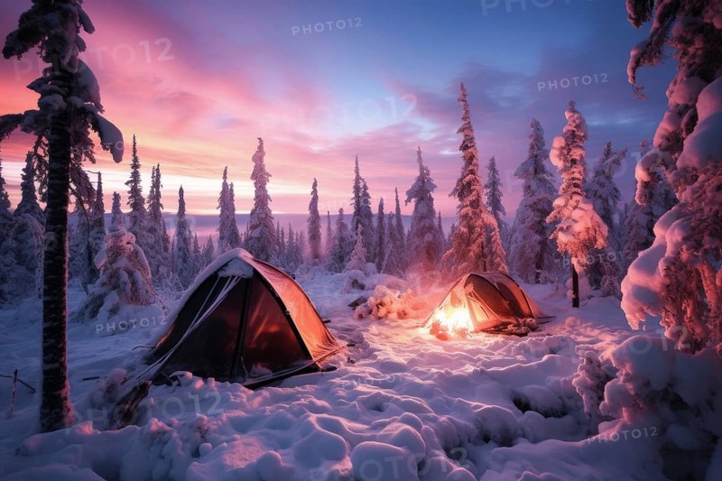 Two tents One tent lit from outside in vast arctic wilderness in winter