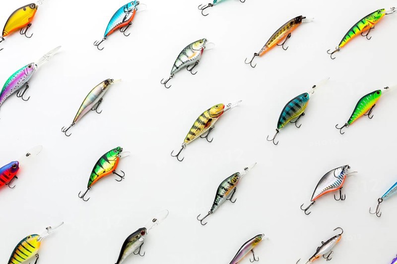 Top view colorful assortment fish bait