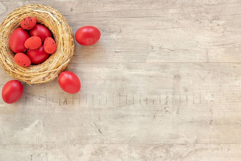 Red painted eggs easter basket