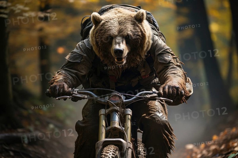 A brown bear riding a mountain bike on a mountain trail in the forest
