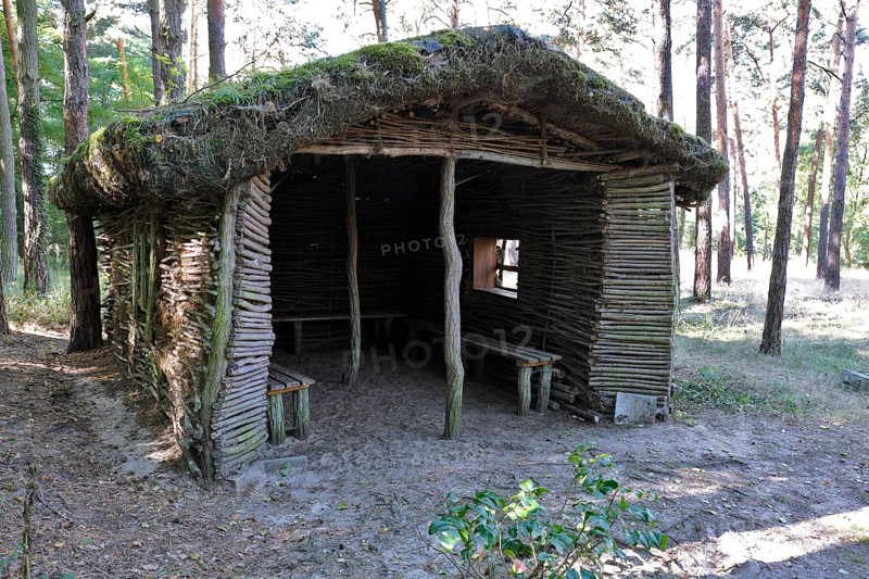 Rest hut made of natural materials in the forest