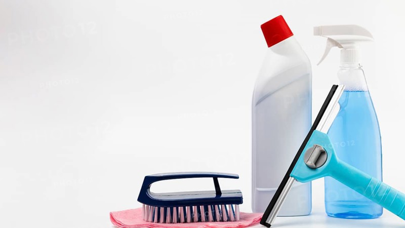 Arrangement with cleaning products white background