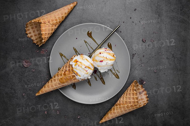 Top view ice cream cones plate