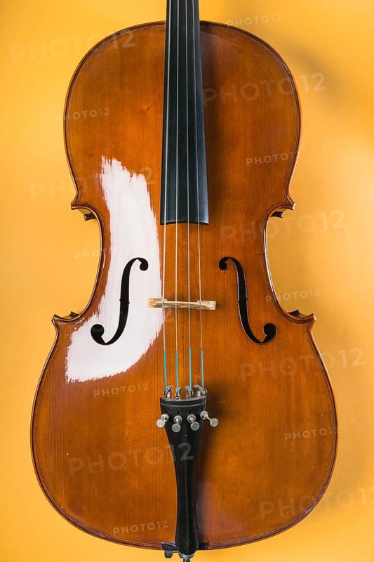 Wooden violin with string yellow background