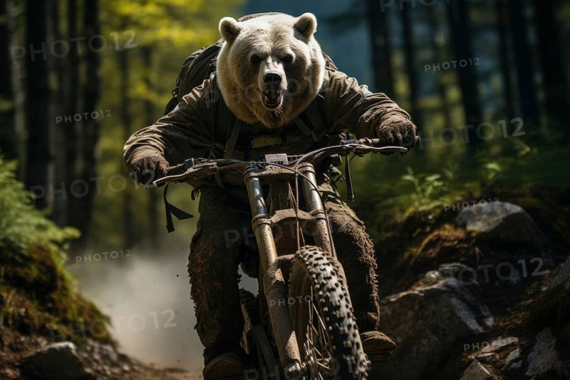 A brown bear riding a mountain bike on a mountain trail in the forest