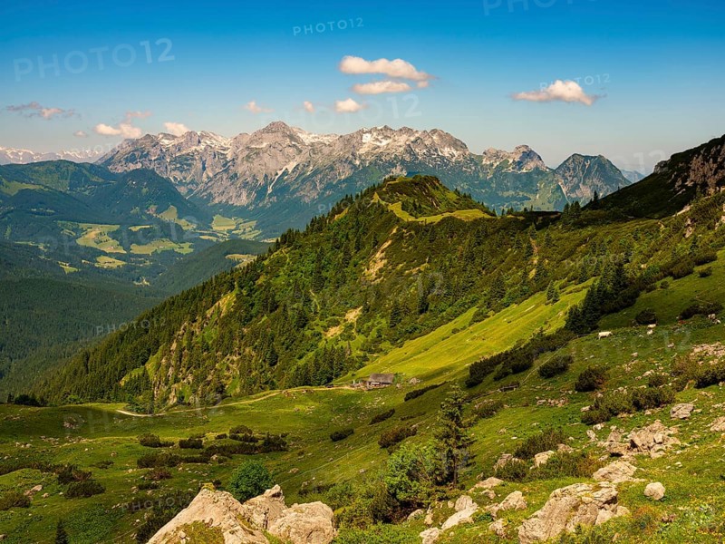 View over alpine pastures to the Tennengebirge