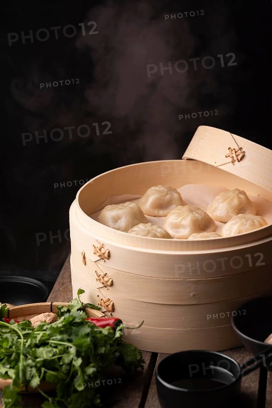 High angle traditional asian dumplings with copy space