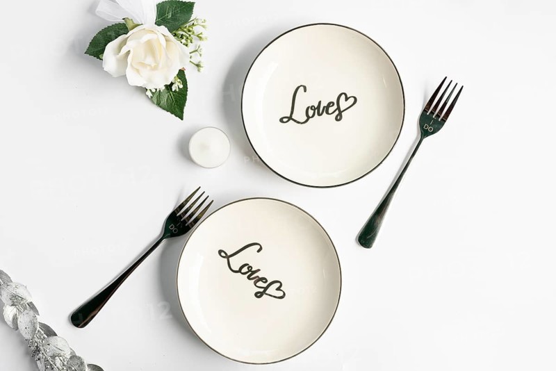 Top view wedding plates with white background