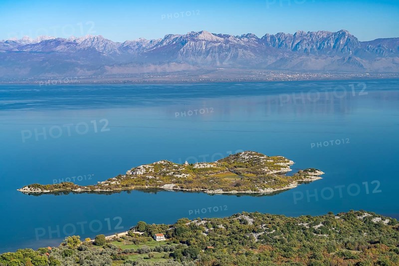 View over Lake Scutari with the island of Beska near the village of Donji Murici