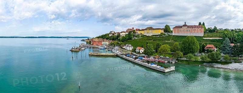 Town view of Meersburg on Lake Constance with boat landing stage