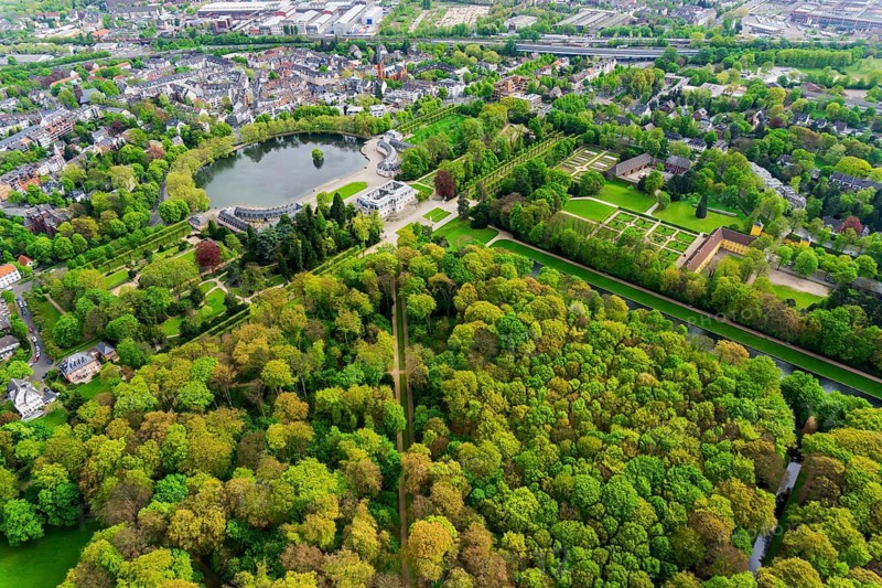 Aerial view of Benrath Palace Park and Palace