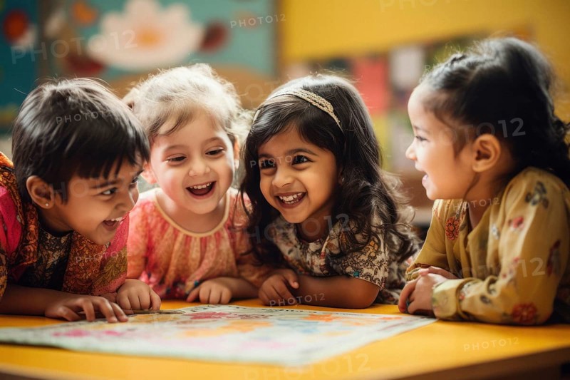 Children of different ethnic groups playing happily in the kindergarten with kindergarten aunt