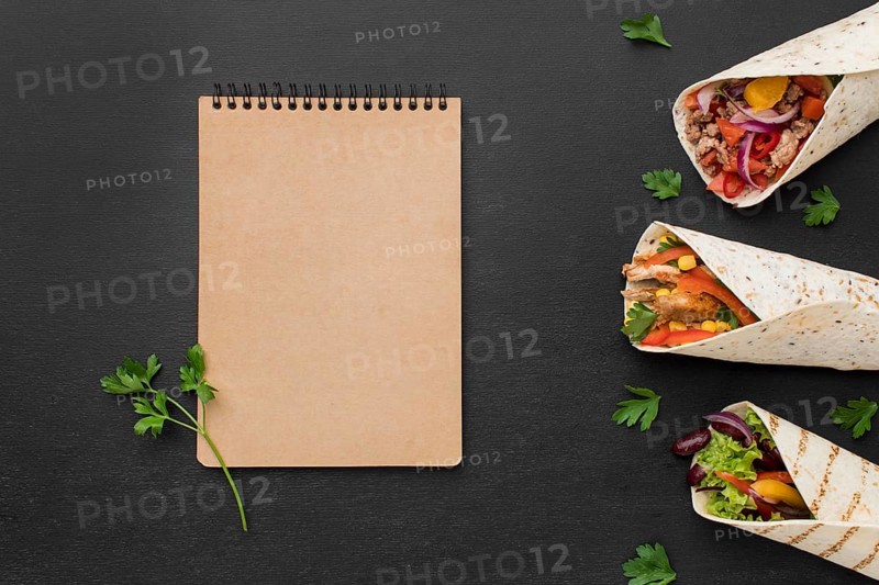 Top view tasty tortilla wraps with parsley meat