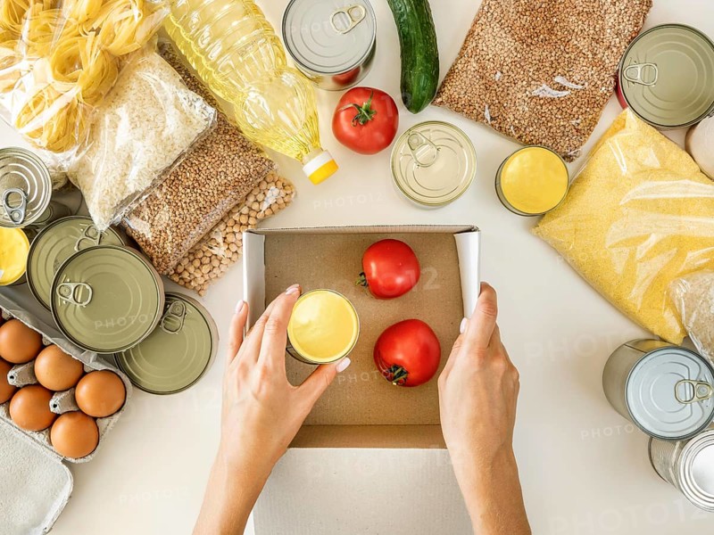 Flat lay fresh provisions donation with box
