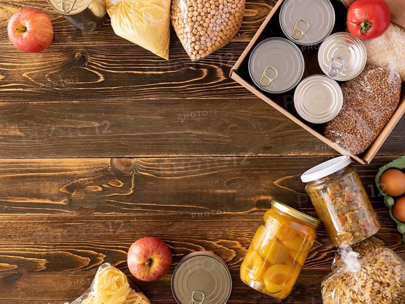 Top view food donation with box