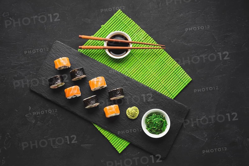Top view sushi plating bamboo mat