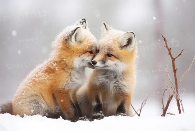 Two Arctic fox cubs with soft fur cuddle up to each other in Arctic winter landscape during snowfall