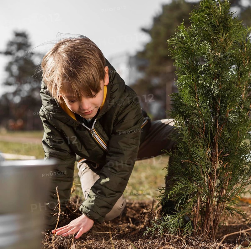 Front view young boy planting tree outdoors