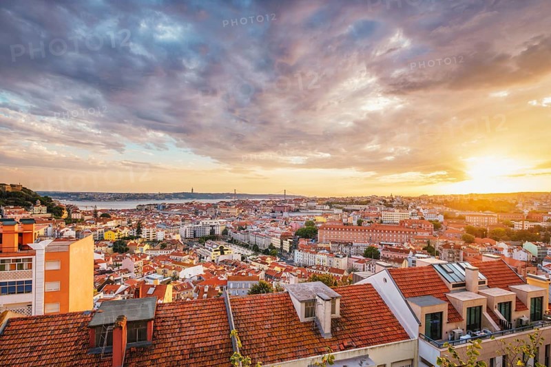 View of Lisbon famous view from Miradouro da Senhora do Monte tourist viewpoint of Alfama and Mauraria old city district