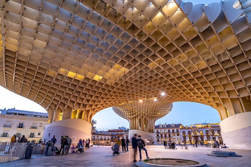 The futuristic wooden construction and observation deck Metropol Parasol at the Plaza de la Encarnacion at dusk