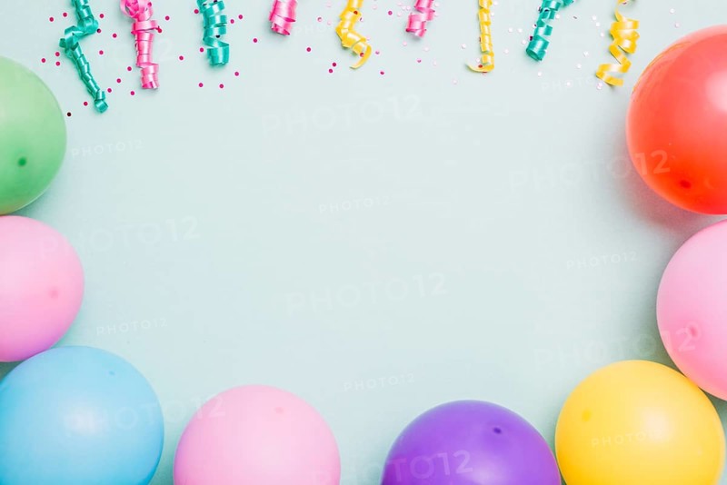 Streamers colorful balloons blue backdrop space text