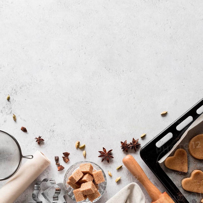 Top view bakery ingredients with cookie tray