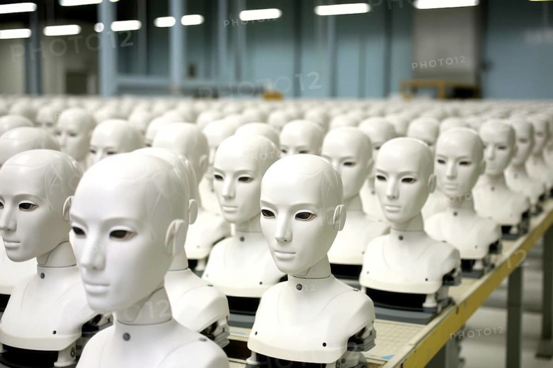 Factory hall with many white humanoid robot heads