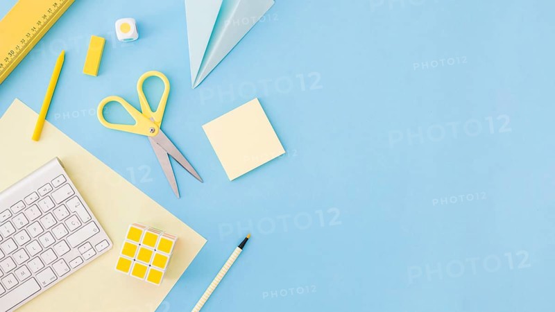 Developing things laying blue background