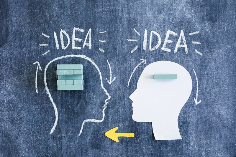 Two brains exchanging information transference with wooden blocks arrows chalkboard
