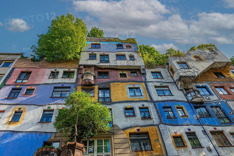 Green and colourful facade of the Hundertwasser House