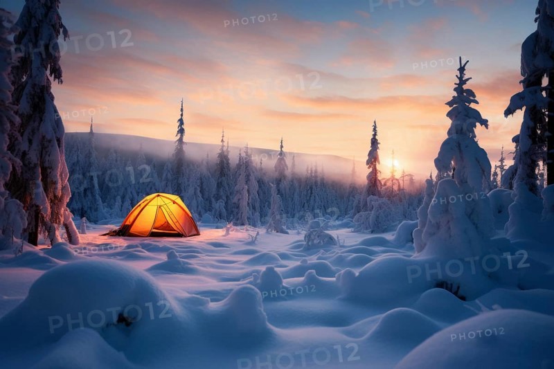 A tent lit from the inside in a vast arctic wilderness in winter