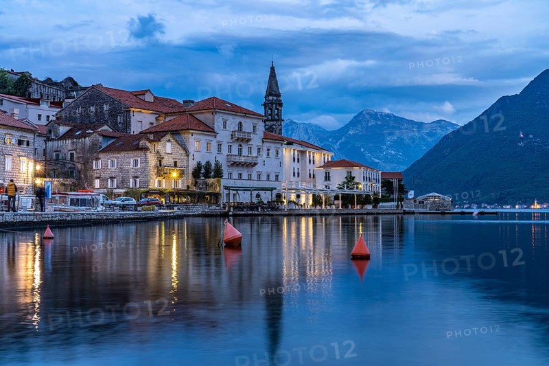 Perast with the Sveti Nikola Church on the Bay of Kotor at dusk