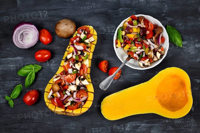 Top view of vegan baked Butternut squash filled bell pepper