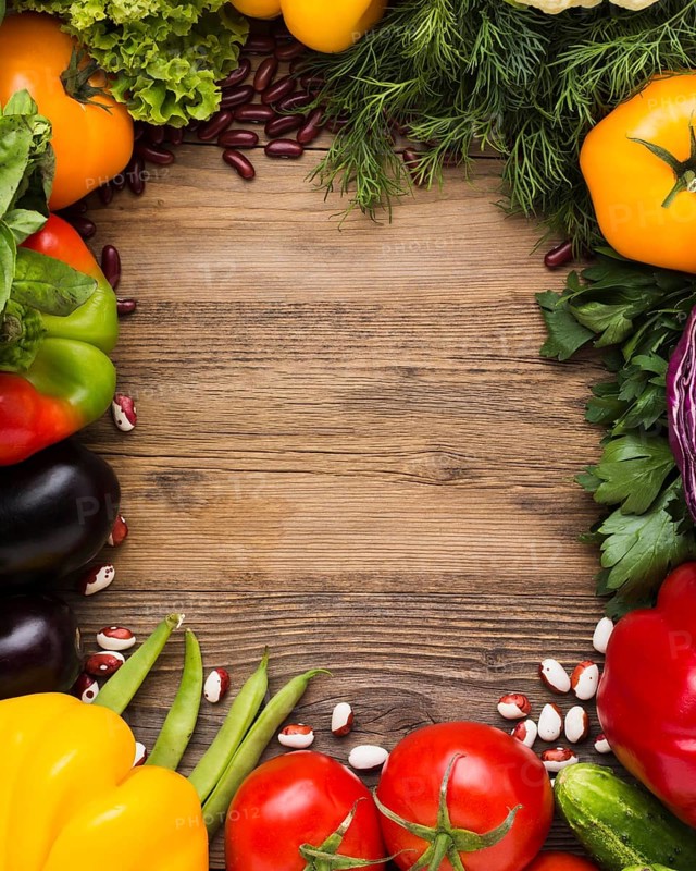 Top view vegetables assortment with wooden background
