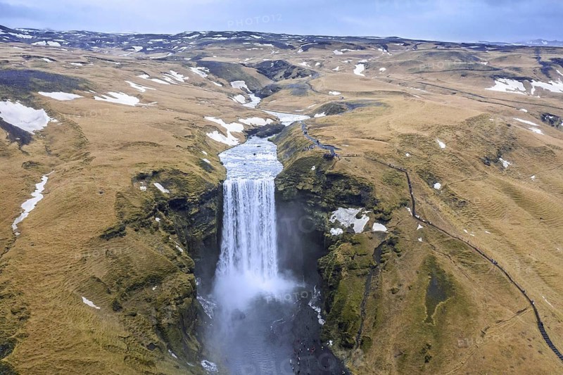 Aerial view over Skogafoss