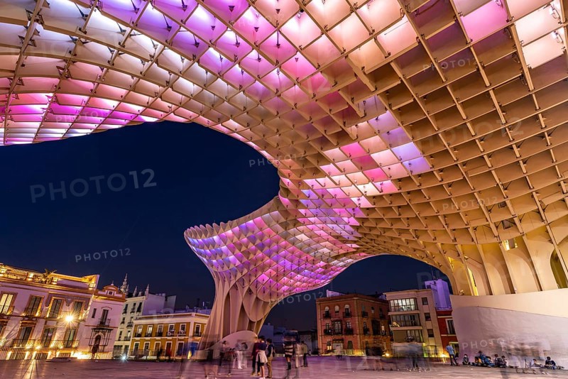 The futuristic wooden construction and observation deck Metropol Parasol at the Plaza de la Encarnacion at dusk