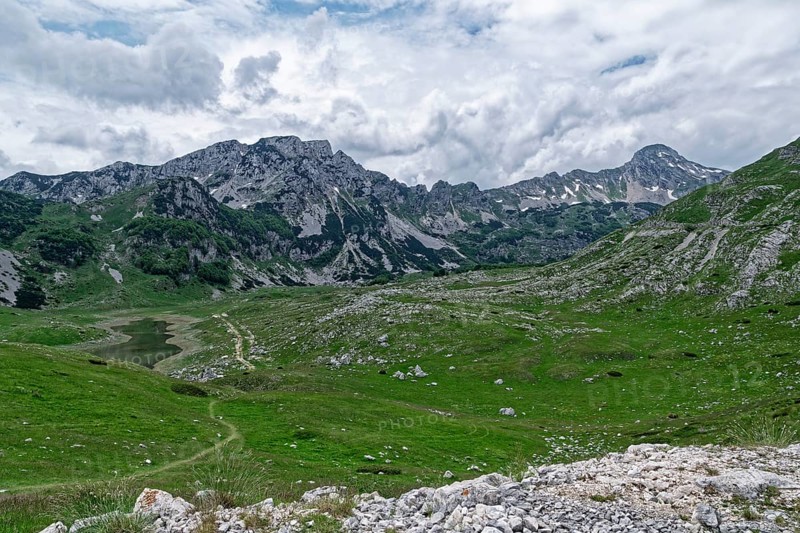 Mountain and rocky landscape around the Durmitor massif and the Dinarides mountain group. The Durmitor National Park surrounding the massif is a UNESCO World Heritage Site. Zabljak