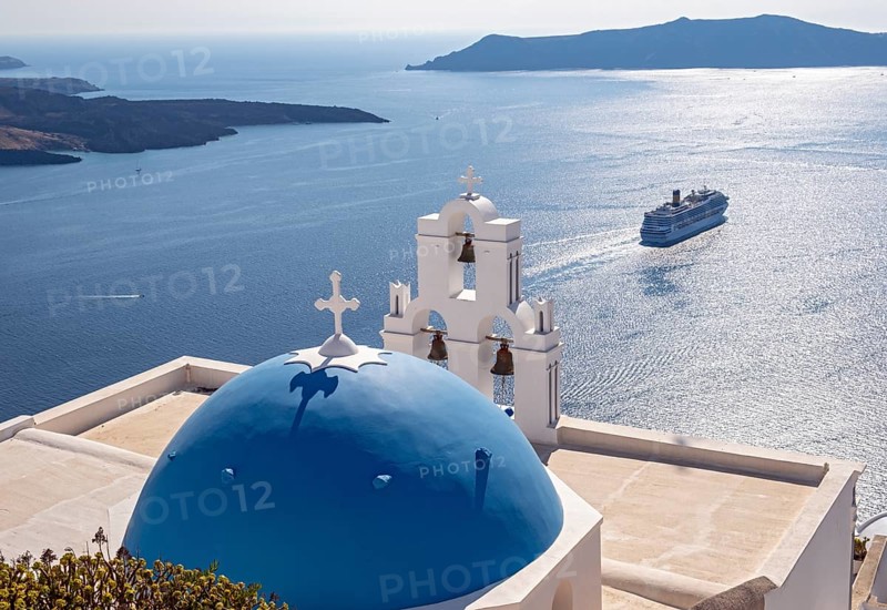 Iconic blue-domed church and belfry