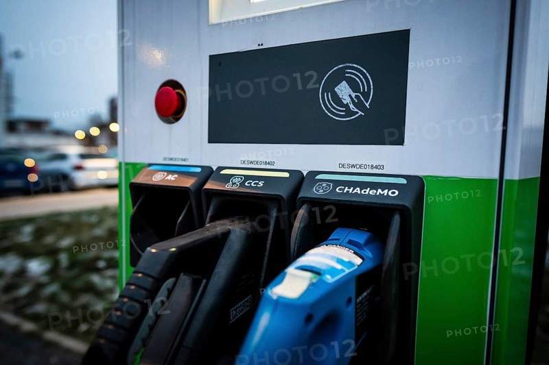 Different plugs of a public charging station for e-cars of the Stadtwerke Duesseldorf