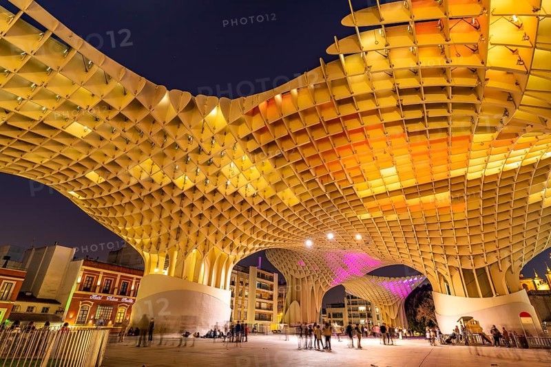 The futuristic wooden construction and observation deck Metropol Parasol at the Plaza de la Encarnacion at dusk